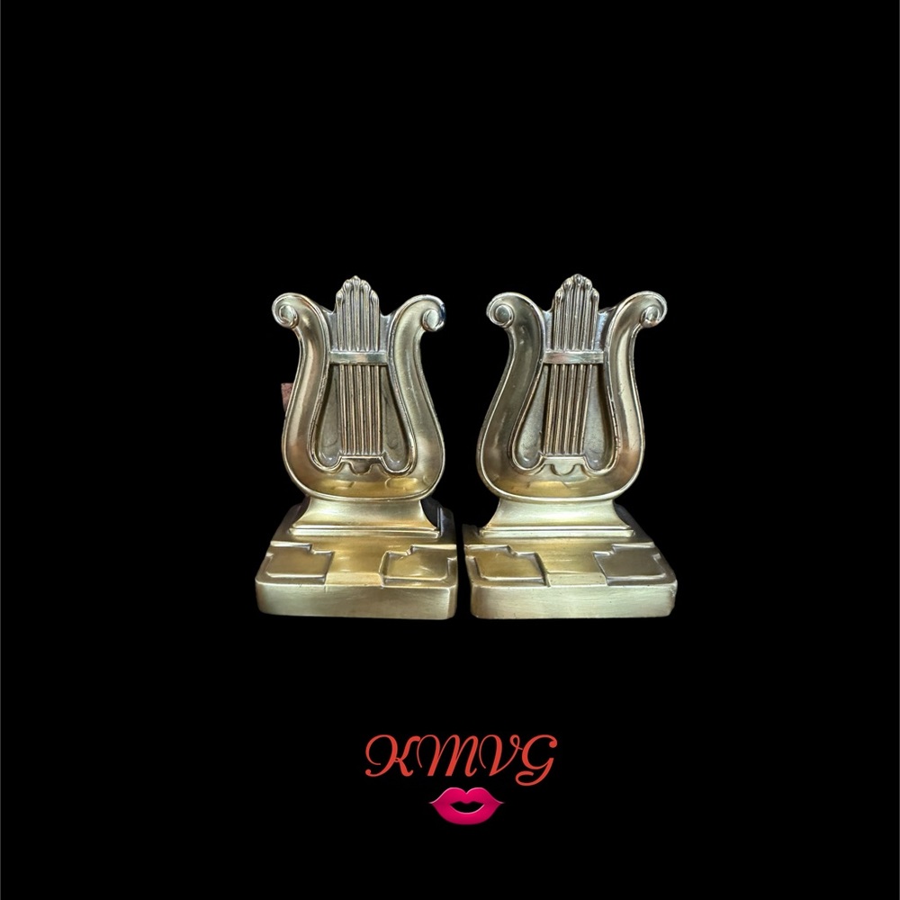 Vintage PMC Brass Harp Bookends MCM Musical Book Ends 5.75”
